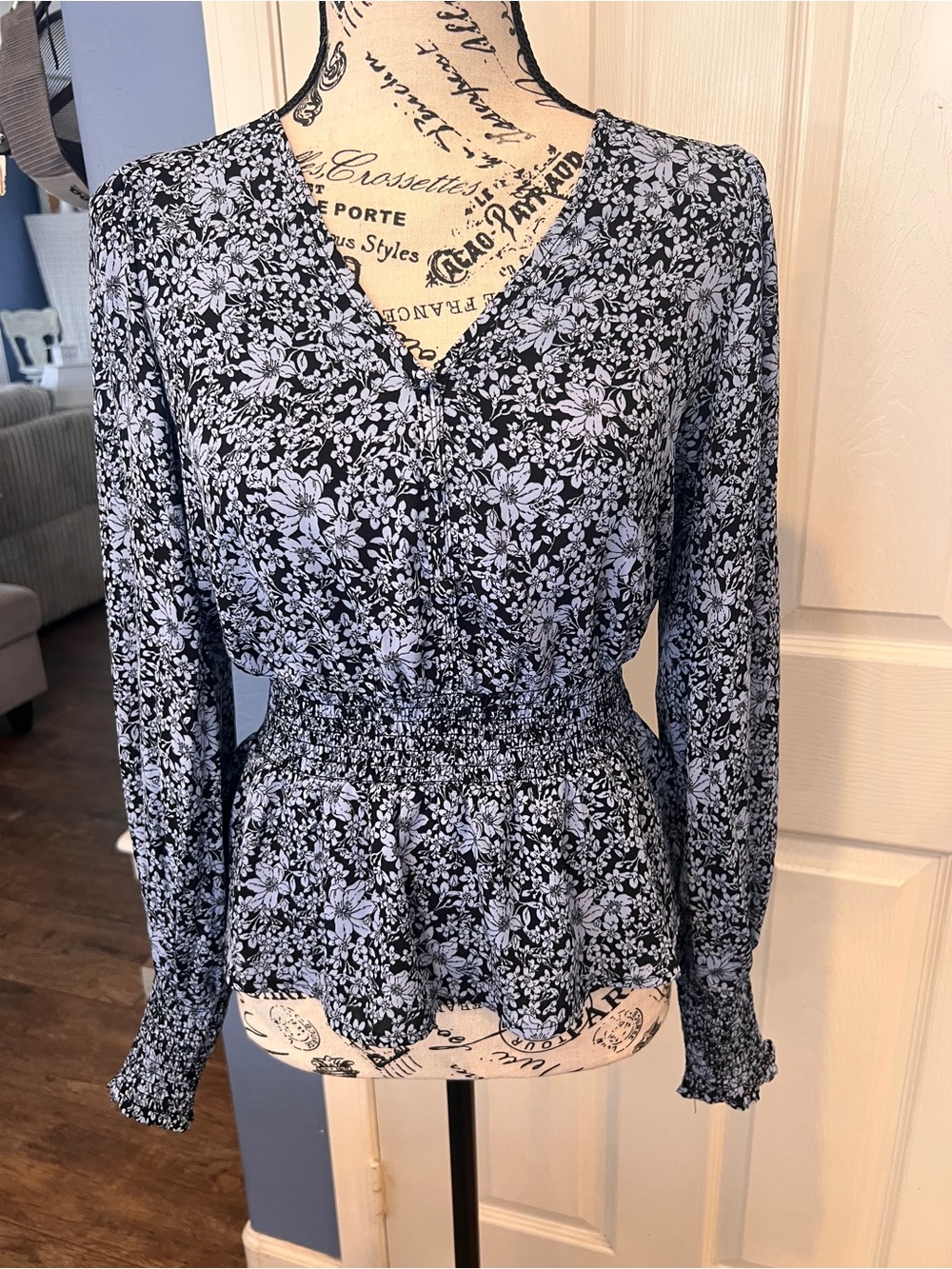 Sienna Sky Black Floral Smocked Peplum V-Neck Blouse